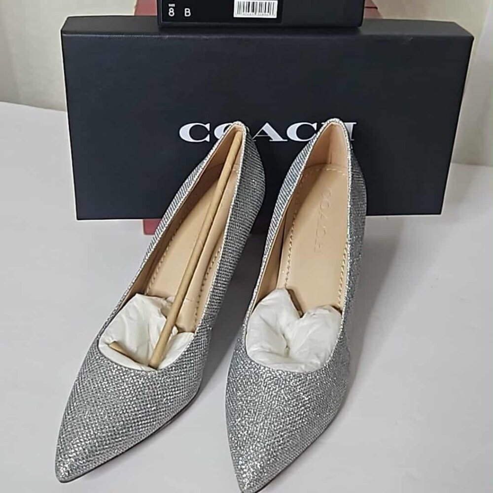 Coach Addie pump heels in silver metallic fabric